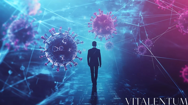 Man in Suit Walking Through Virus Network AI Image