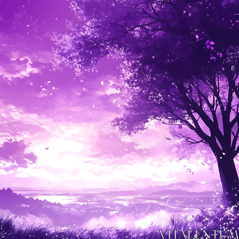 Purple Sunset with Tree and Horizon AI Image