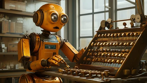 Vintage Robot Calculating with Abacus