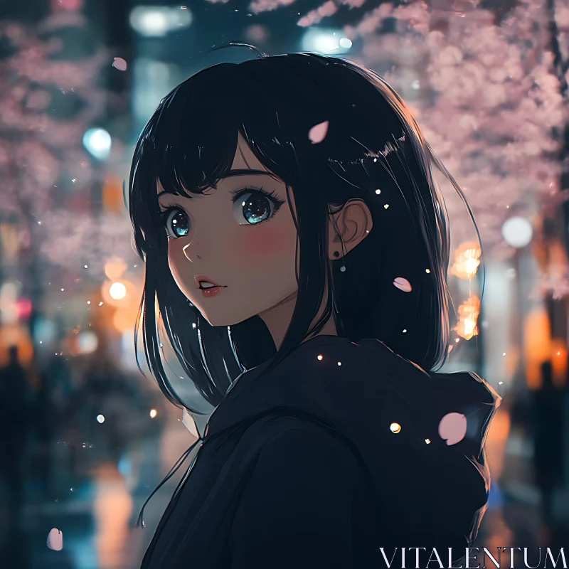 AI ART City Night Anime Girl and Cherry Blossoms