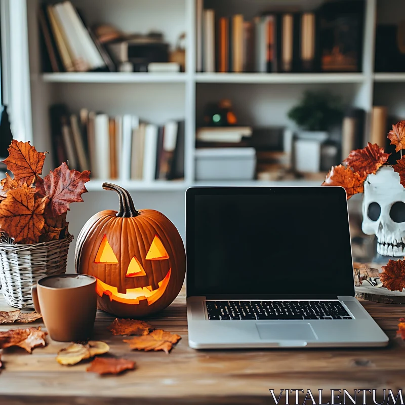 AI ART Festive Halloween Office Setup with Pumpkin