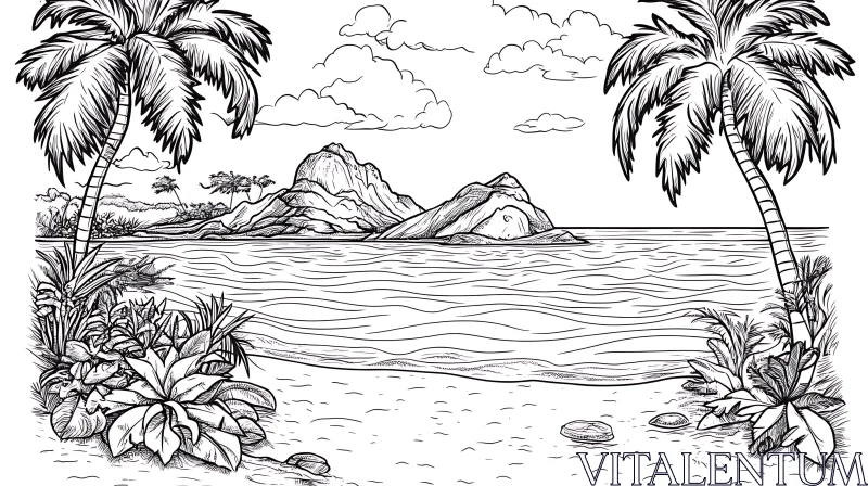 AI ART Monochrome Island Paradise Drawing