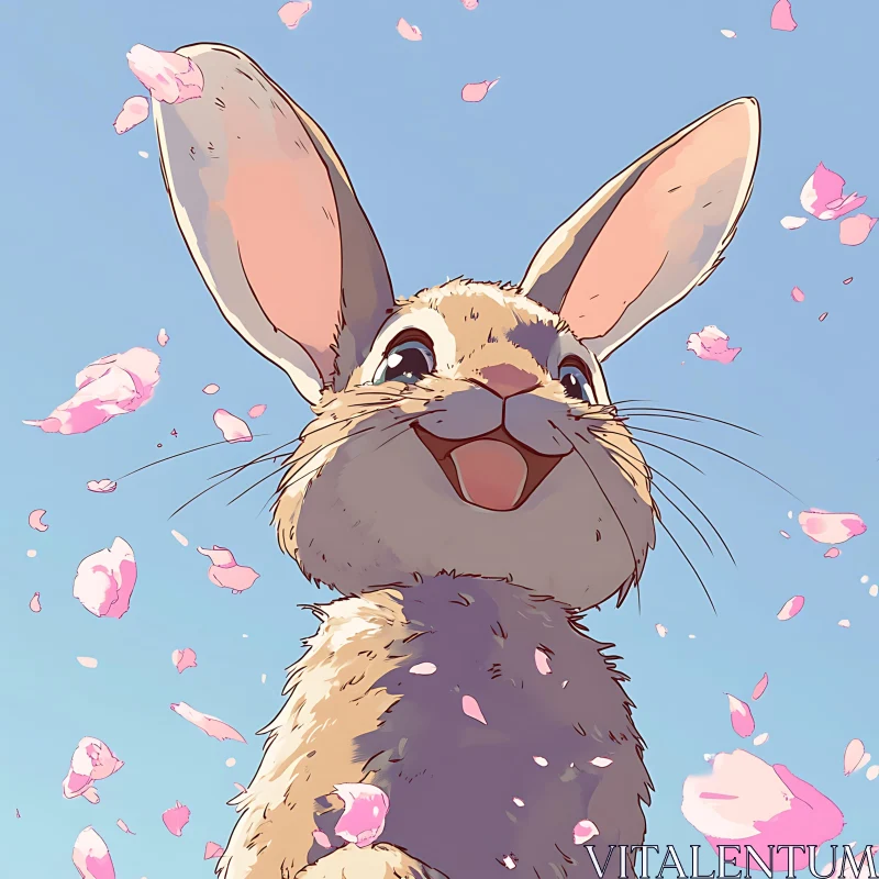 Smiling Rabbit with Falling Flower Petals AI Image