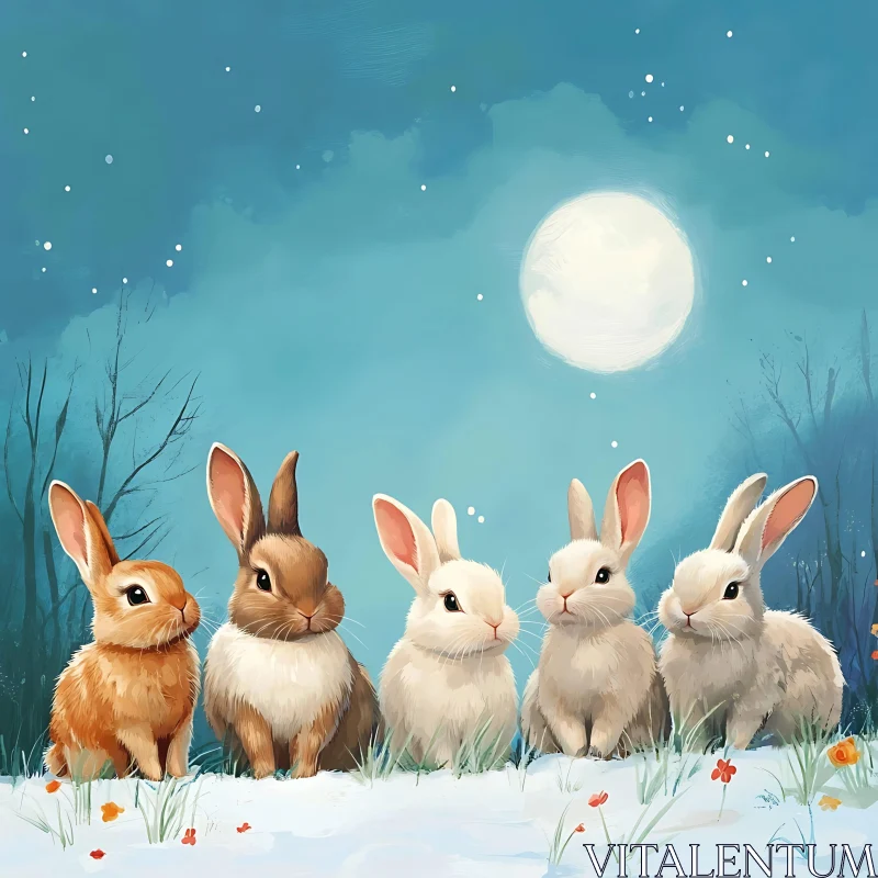 AI ART Moonlit Bunny Gathering