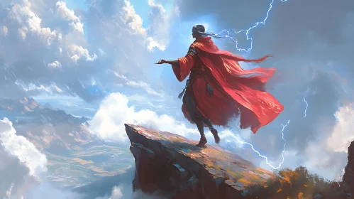 Red Robe on Cliffside with Lightning