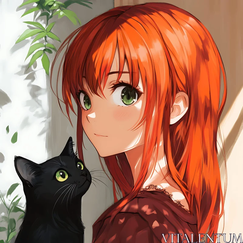 Charming Anime Girl with Black Cat Art AI Image