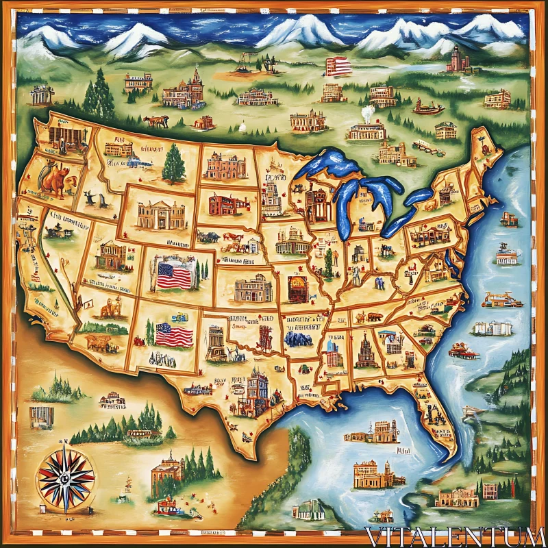 USA Landmarks and State Symbols Map AI Image