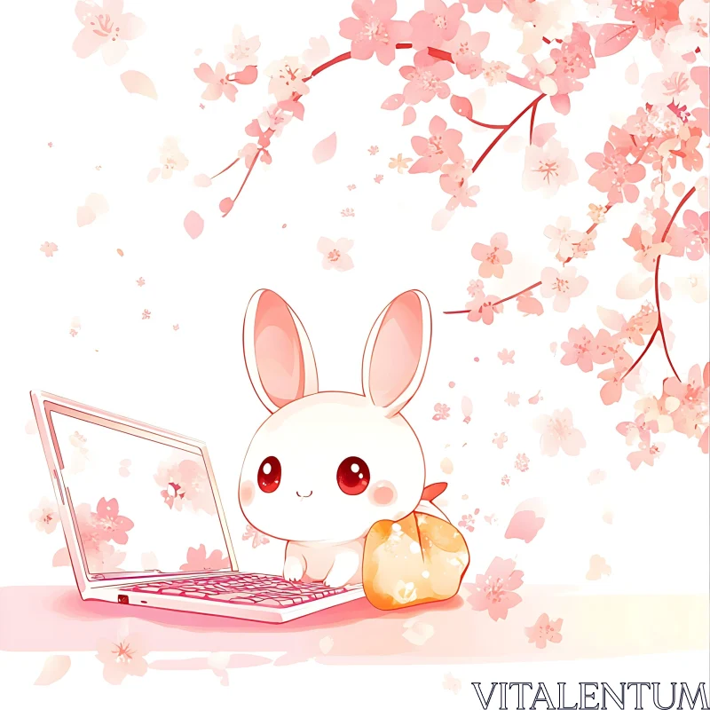 Cute Rabbit Using Laptop Under Floral Tree AI Image