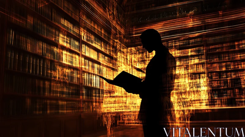 AI ART Silhouette Reading in Illuminated Library