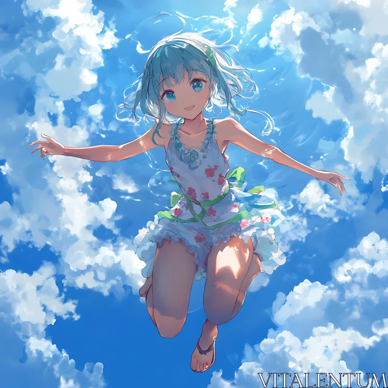 Floating Anime Girl in Floral Dress Against Cloudy Sky AI Image