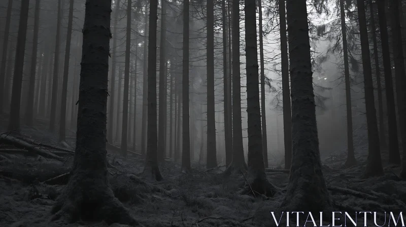 Eerie Foggy Woods with Tall Trees AI Image