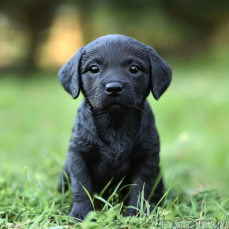 Cute Black Puppy Sitting in Grass AI Image