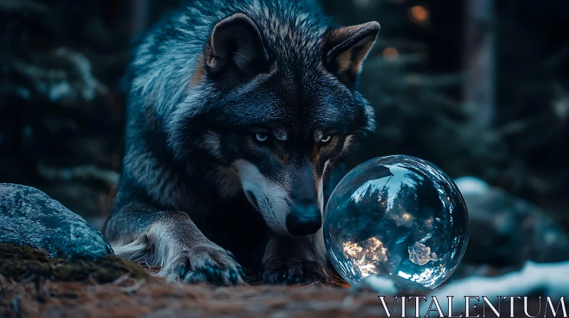 AI ART Mystical Wolf with Orb in Woods