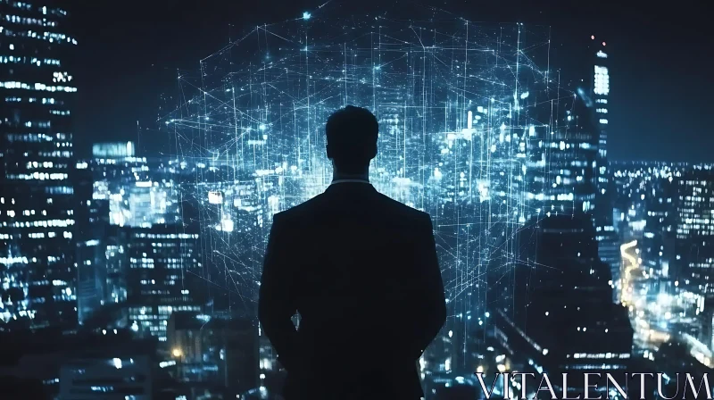 Man Contemplates Digital Cityscape AI Image