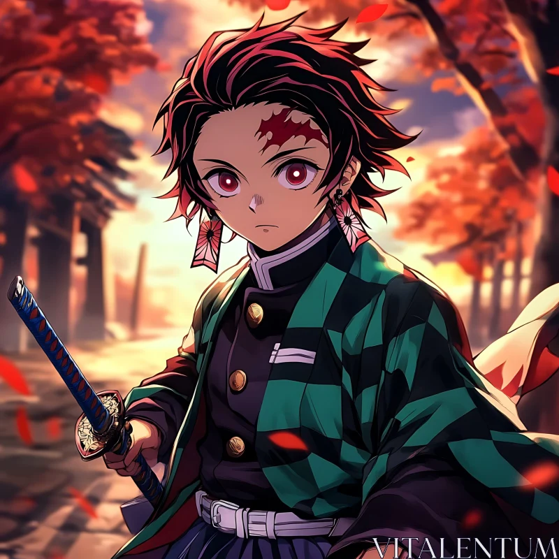 Anime Samurai with Sword in Fall Scene AI Image