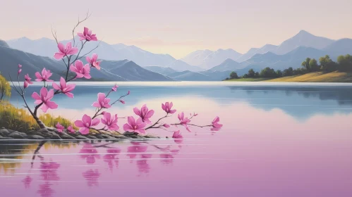 Artistic Representation of Pink Blossoms by Tranquil Water