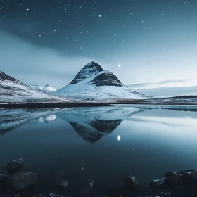 Still Lake Reflecting Snowy Mountain at Night