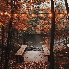 Peaceful Autumn Scene with Wooden Path and Lake