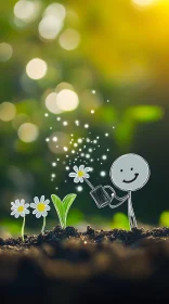 Cute Gardening Cartoon with Daisies