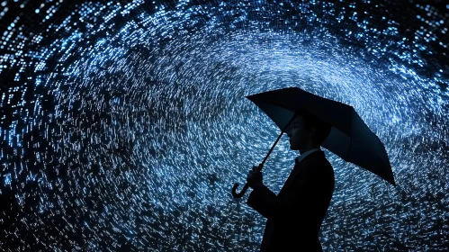 Man with Umbrella Under Swirling Lights