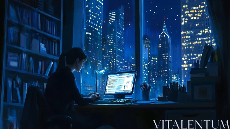 Woman Working Late with City View AI Image