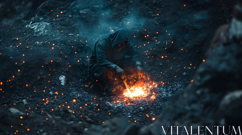 Mysterious Blacksmith Working with Fire AI Image