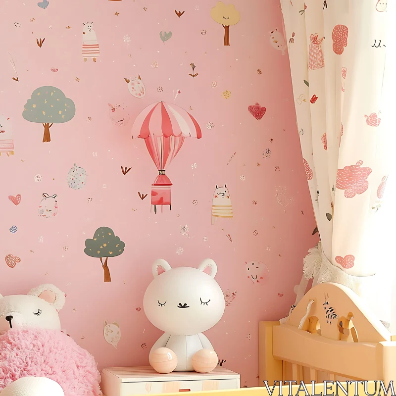 Pink Nursery Room with Cartoon Drawings AI Image