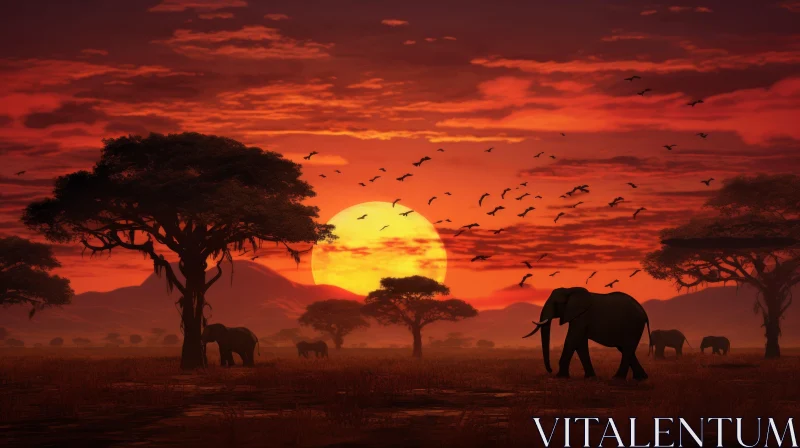 Majestic Elephants at Sunset: A Captivating Safari Landscape AI Image