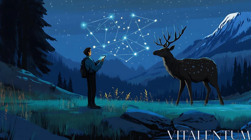 AI ART Stargazer and Deer in Forest