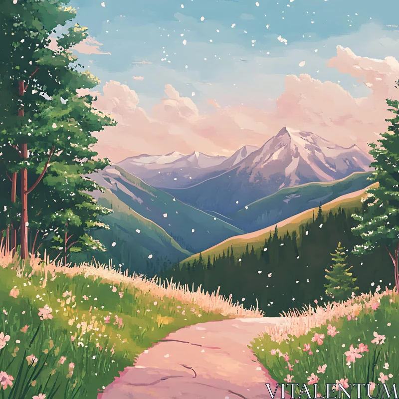 Scenic Mountain Path with Falling Snow AI Image