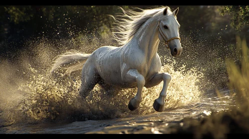 Graceful White Horse Galloping in Water