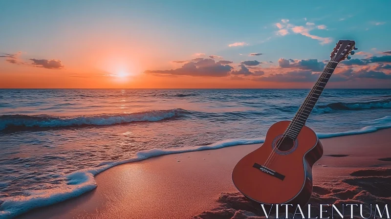 Seaside Serenade: Guitar at Sunset AI Image