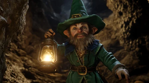 Gnome Holding Lantern in Cave