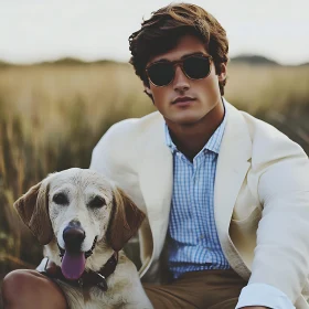 Stylish Man Sitting with Dog in Nature