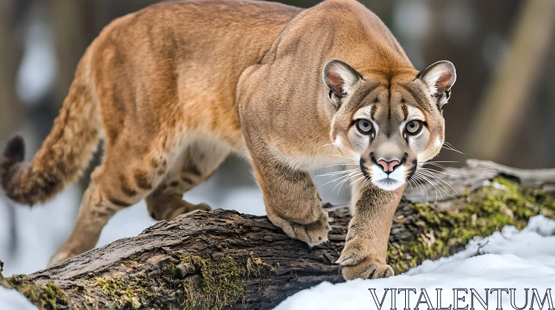 Mountain Lion on Snowy Log AI Image