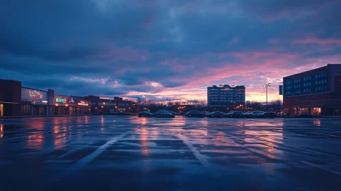 Urban Sunset with Reflections on Wet Pavement