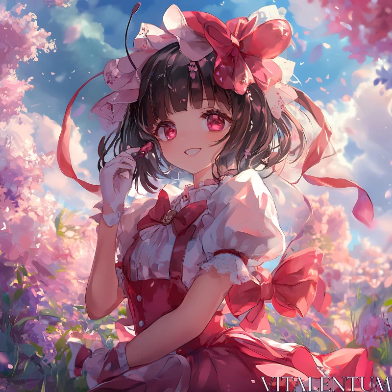 Cute Anime Girl Surrounded by Pink Blossoms AI Image