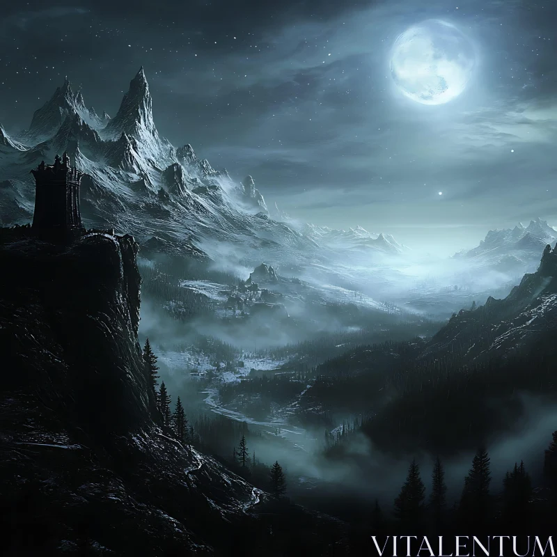 Night Mountain Scenery with Moon AI Image