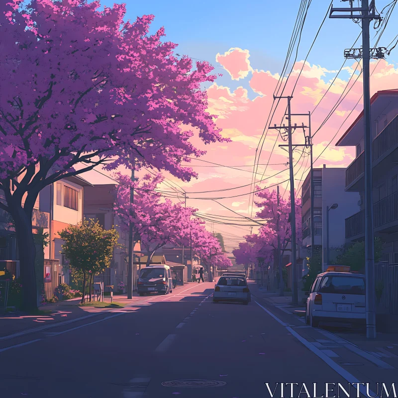 Blissful Cherry Blossom Street Scene AI Image