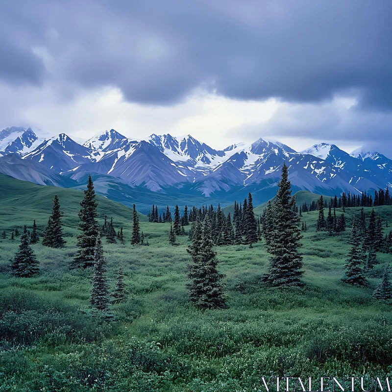 AI ART Snowy Peaks and Green Field Landscape