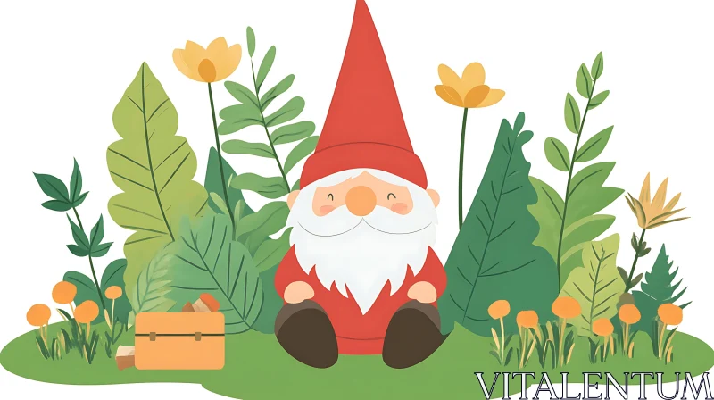 AI ART Cartoon Gnome with Flowers and Suitcase