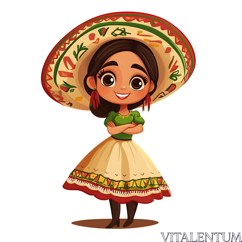 AI ART Charming Cartoon Girl in Traditional Mexican Attire