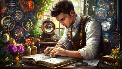 Man Writing in Steampunk Workshop