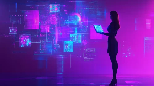 Woman in Neon Tech Environment