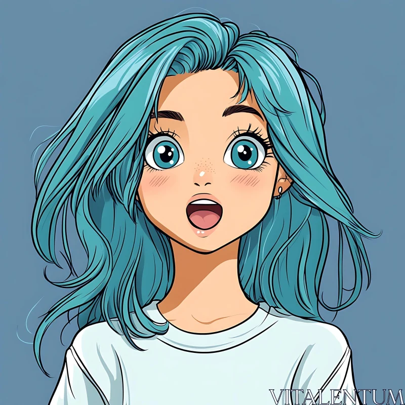 AI ART Anime Girl with Blue Hair and Surprised Expression