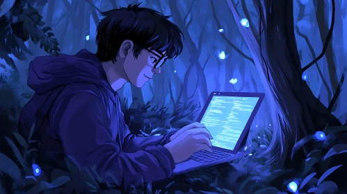 Man Coding in Enchanted Forest