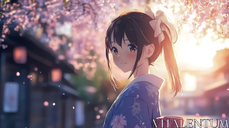 Anime Girl in Kimono with Cherry Blossoms AI Image