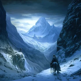 Snowy Mountain Valley with Horse Rider