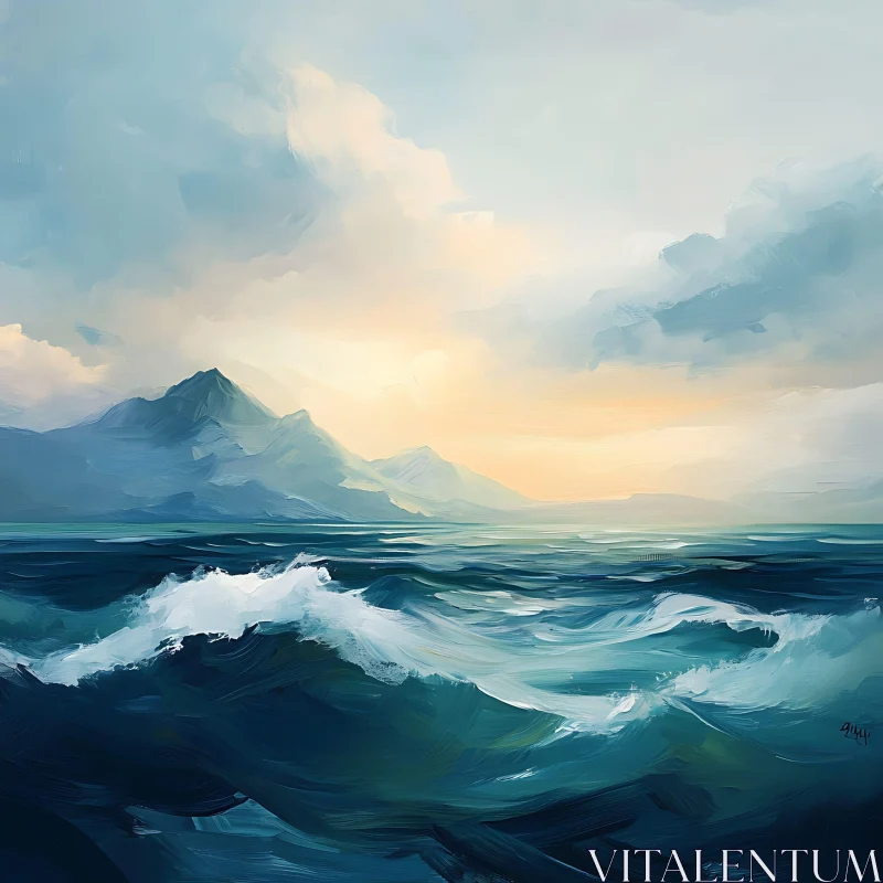 Coastal Serenity: Waves and Mountains AI Image