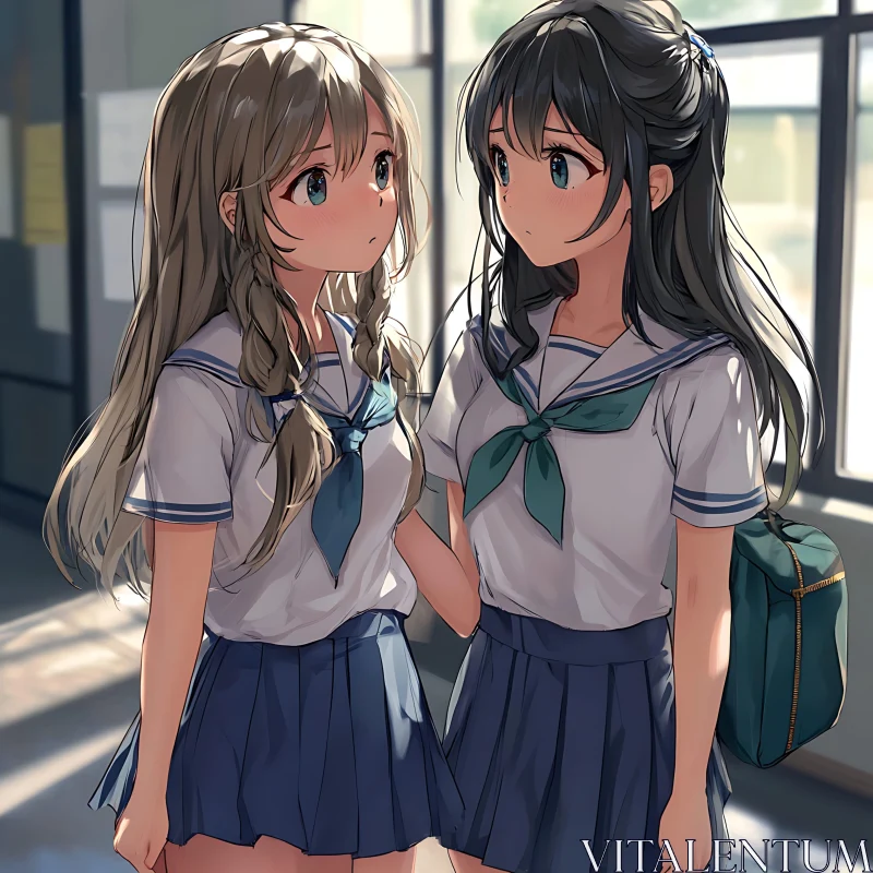 Warm Bond Between Anime Schoolgirls AI Image